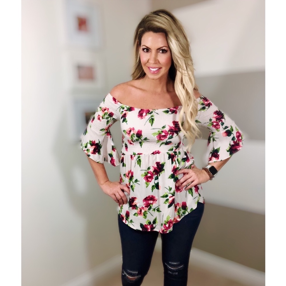 Beige Floral Print Smocked Bodice Off Shoulder Top